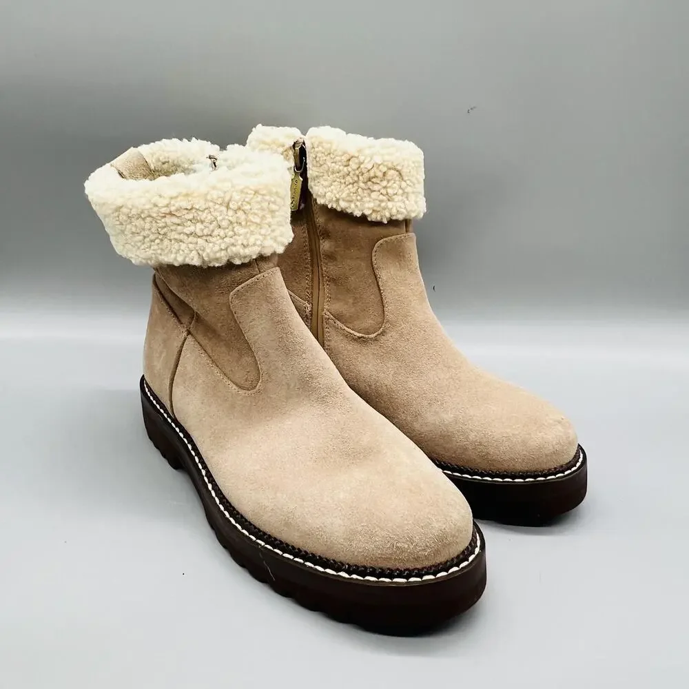 Blondo Boots Womens 5.5 Beige Suede Waterproof Shearling Ankle Zip Booties Shoes